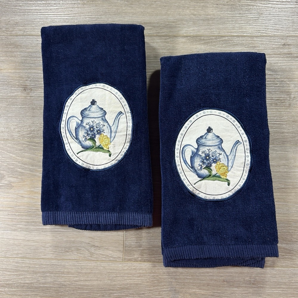VTG Franco Navy Blue Teapot Hand Towels Set Of‎ Two Dhalia